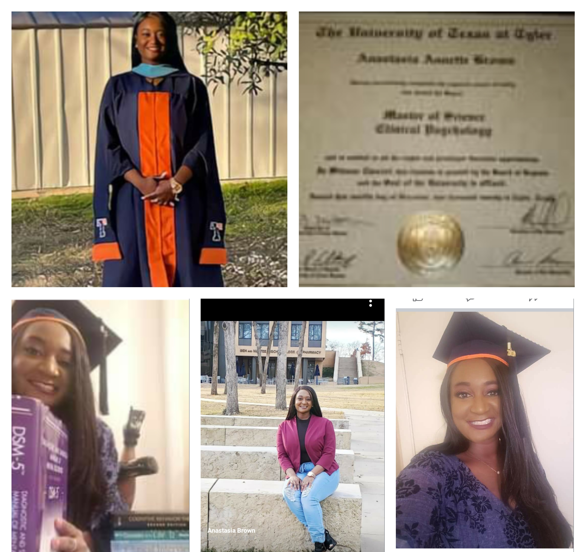 Congratulations: Anastasia Brown (Master of Science in Clinical Psychology) from The University of Texas at Tyler December 2020
