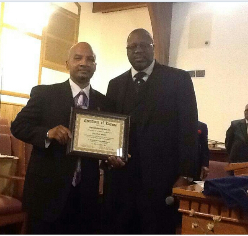 Rev. Reginald Scott's First Sermon Photos and Presentation of License by Pastor Pictured Right